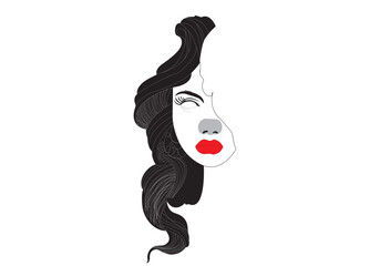 a gurl with red lips and black hair beauty icon liiustration vector.