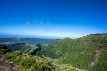 Fototapeta na wymiar Crater, lakes and town from Boca do Inferno viewpoint on Sao Miguel island, Azores