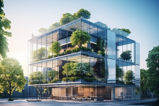 Close-up of Sustainable green glass building. Trees.