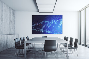 Abstract creative financial diagram on presentation monitor in a modern boardroom, banking and accounting concept. 3D Rendering