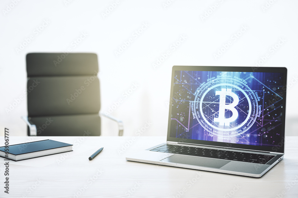 Poster modern computer monitor with creative bitcoin symbol. cryptocurrency concept. 3d rendering