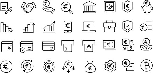 Pixel perfect icon set Euro based finance terms such as saving bank currency, wallet, cash, charts, online banking, investment. Thin line icons, flat vector illustrations, isolated on white background