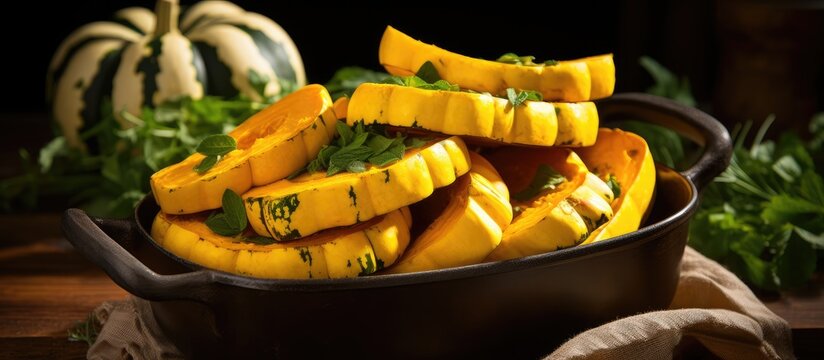 Organic Delicata squash known as sweet potato or Bohemian squash is a delicious seasonal vegetable typically prepared as a side dish by roasting baking saut ing or steaming