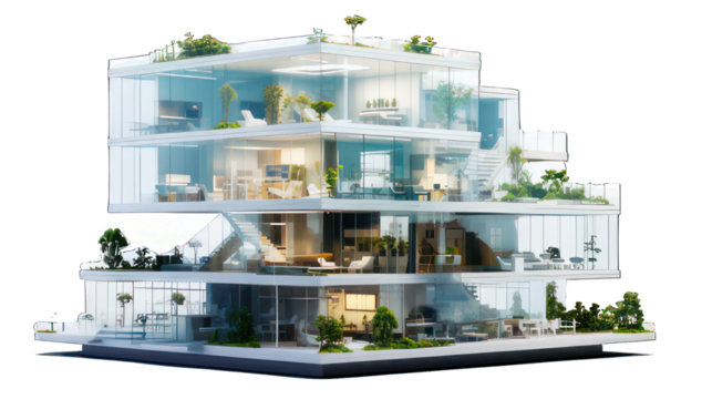 Modern glass hall condominium isolated on white created with Generative AI