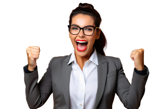 Portrait of exited businesswomen showing thumbs up and screaming in joy against white background PNG