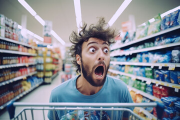 A shopper with a shocked expression while looking at price tags, conveying the surprise of high prices. - obrazy, fototapety, plakaty