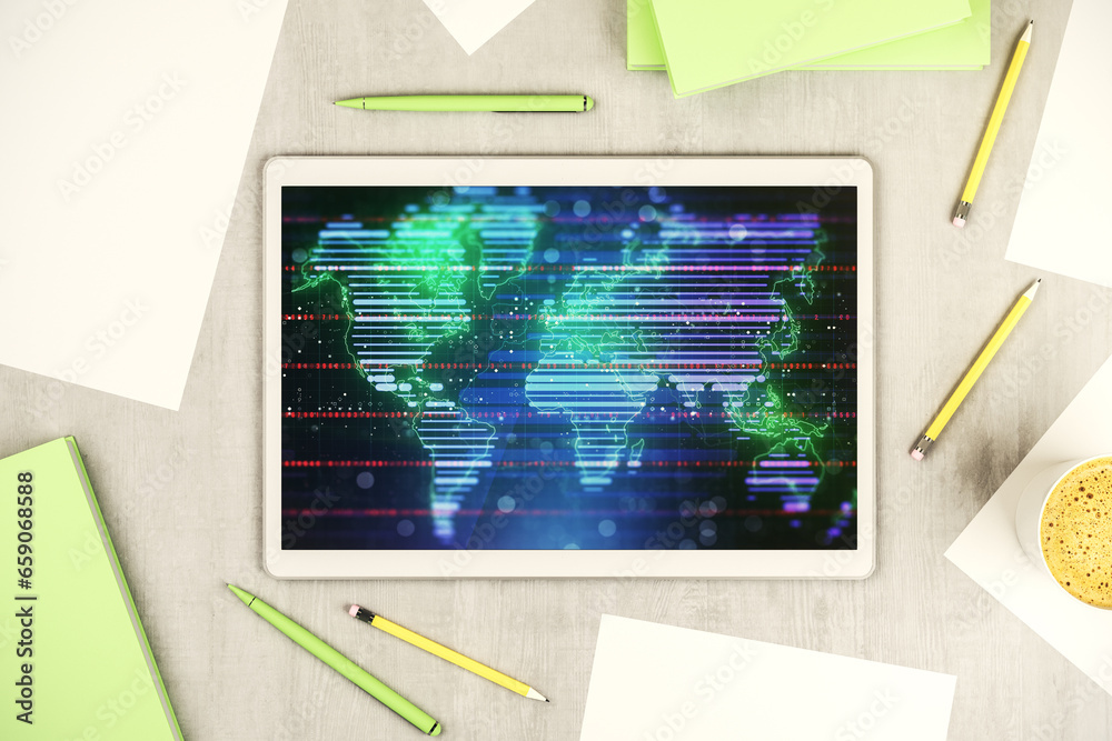 Poster Top view of modern digital tablet monitor with abstract digital world map, research and strategy concept. 3D Rendering