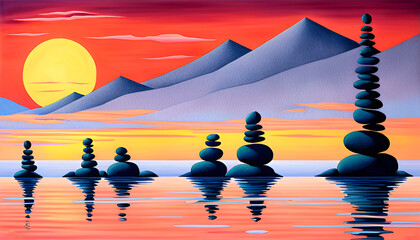 Zen stone in balance in sunset landscape - AI generated - 659068508