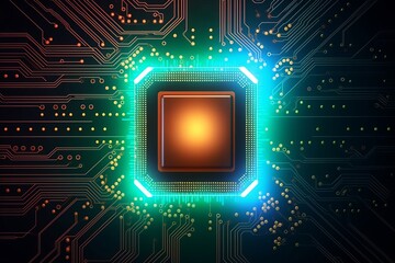 Electronic circuit board technology with colorful glowing. Motherboard digital chip. Technology background.
