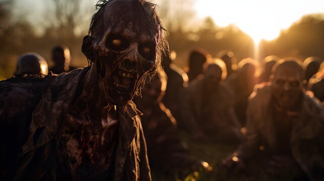 Zombie crowd walking at , halloween concept