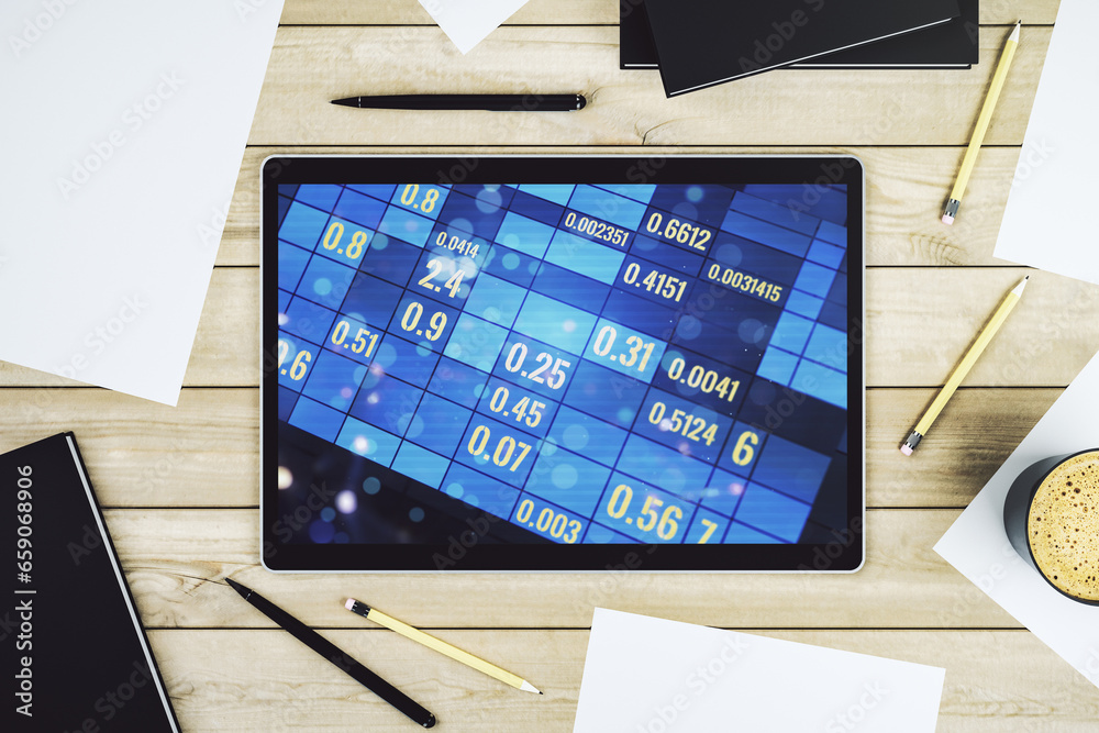 Poster abstract creative stats data concept on modern digital tablet screen. top view. 3d rendering