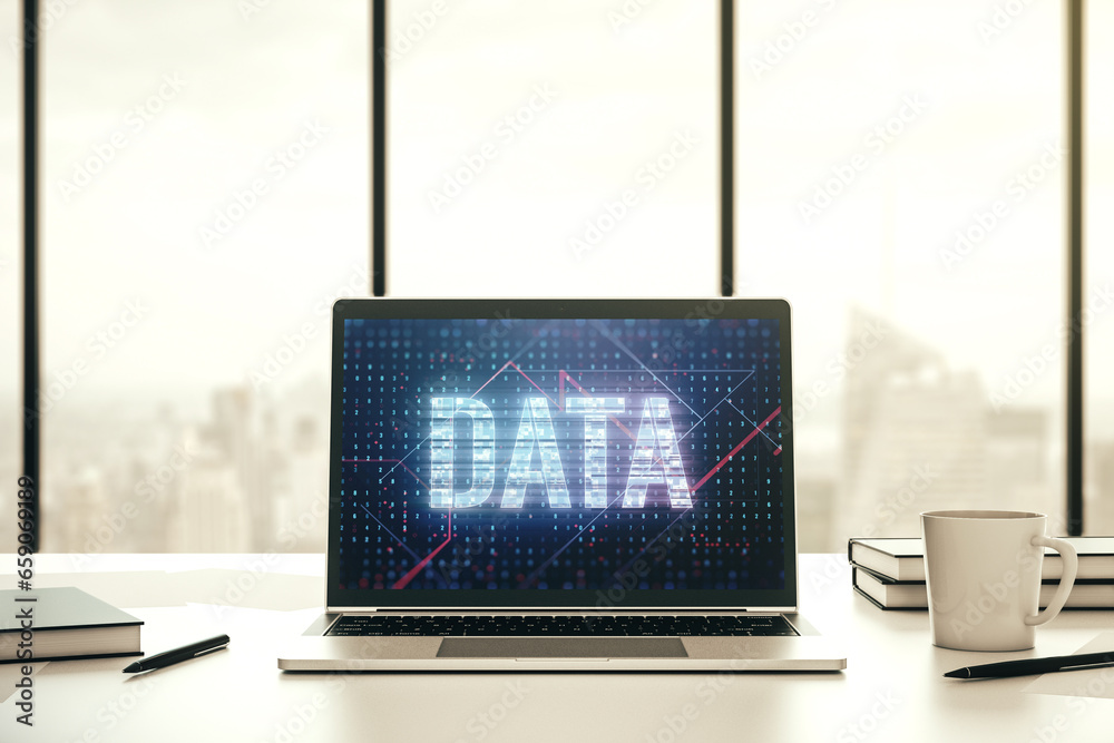 Fototapete creative data word hologram on modern laptop monitor, big data and blockchain concept. 3d rendering