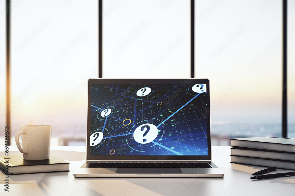 Aufkleber creative abstract question mark hologram on modern computer monitor, future technology concept. 3d r