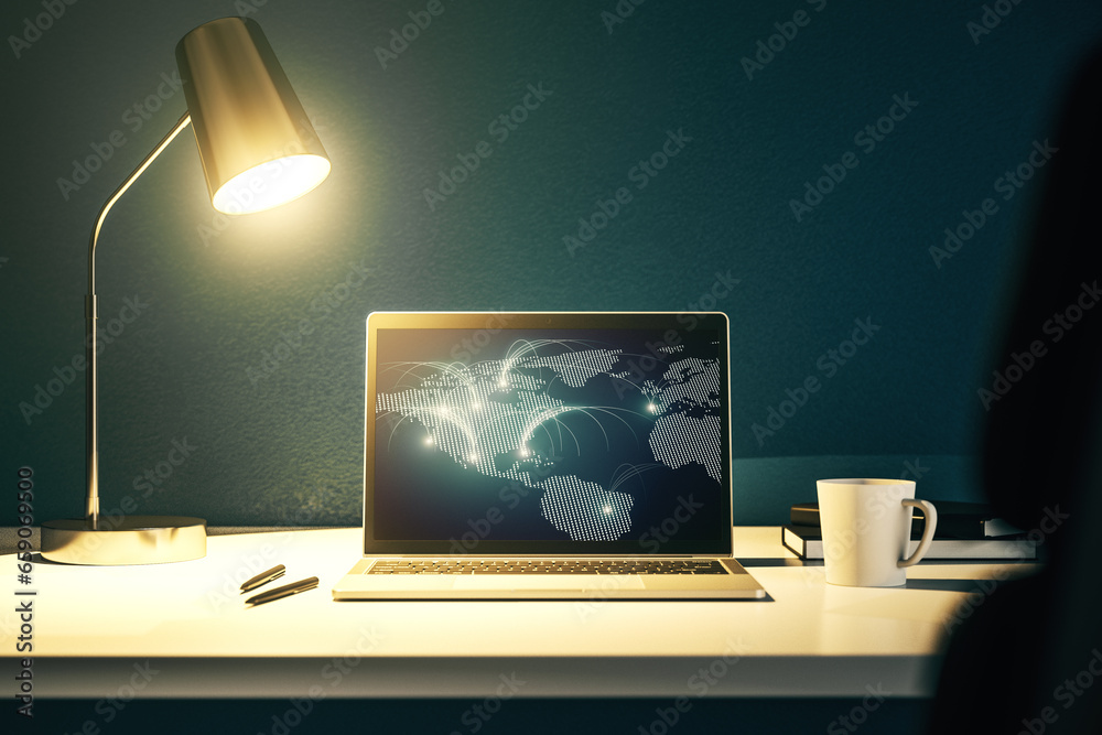 Poster Modern computer monitor with abstract digital world map with connections, research and strategy concept. 3D Rendering