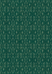 Hand-drawn unique abstract seamless ornament. Light green on a darker cold green background, with splatters of golden glitter. Paper texture. Digital artwork, A4. (pattern: p10-3f)
