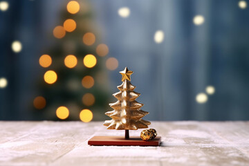 Minature golden Christmas tree on wooden table with snow and blurred beautiful light bokeh, Christmas background.