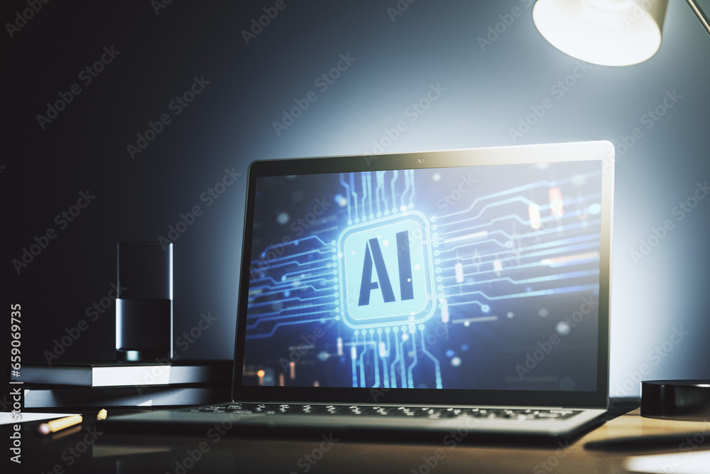 Poster Modern computer monitor with creative artificial Intelligence icon. Neural networks and machine learning concept. 3D Rendering