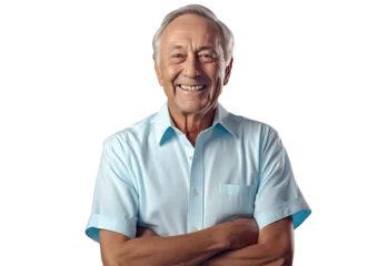 Fotobehang Happy smiling grandpa in a light blue shirt, arms crossed, staring directly at the camera. Aging and medical care idea. Isolated on transparent background PNG. © Mei Chen