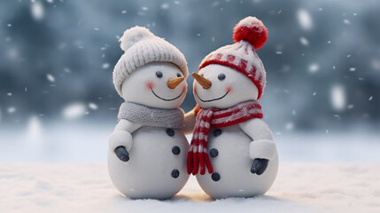 Obraz premium Two happy snowman family toys greeting greeting each other, celebrating Christmas and new year with family and friends concept photo background.