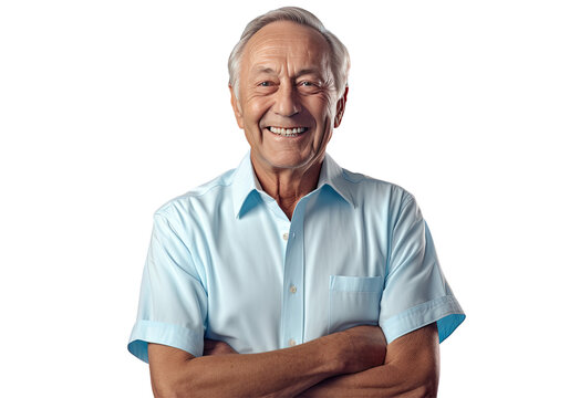 Happy smiling grandpa in a light blue shirt, arms crossed, staring directly at the camera. Aging and medical care idea. Isolated on transparent background PNG.