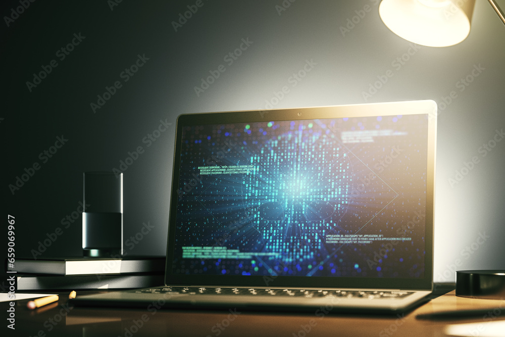 Aufkleber creative concept of code skull illustration on modern laptop screen. hacking and phishing concept. 3