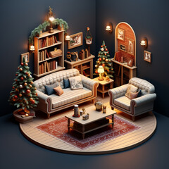 Elegant Holiday Decorations for Christmas - Isometric 3D Rendering of Festive Living Room