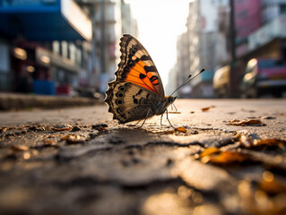 Fototapeta na wymiar A Photo of a Butterfly on the Street of a Major City During the Day