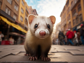 A Photo of a Ferret on the Street of a Major City During the Day