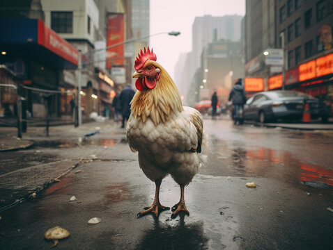 A Photo of a Chicken on the Street of a Major City During the Day