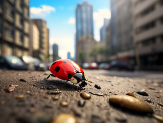 A Photo of a Ladybug on the Street of a Major City During the Day