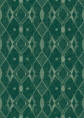Hand-drawn unique abstract seamless ornament. Light green on a darker cold green background, with splatters of golden glitter. Paper texture. Digital artwork, A4. (pattern: p12e)