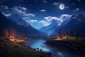 night mountain landscape. generative ai. bright starry sky in the mountains.