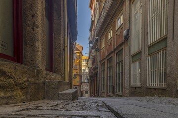 Scene of a deserted street in downtown Porto in the morning