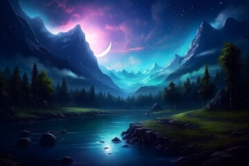 Fototapeta na wymiar night mountain landscape. generative ai. bright starry sky in the mountains.