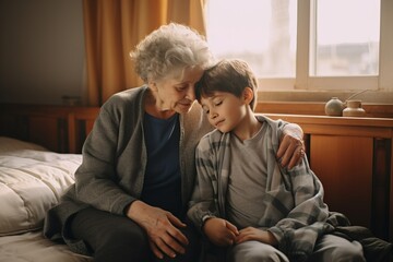 Abuela cuidando de su nieto en un ambiente cálido y agradable. 
