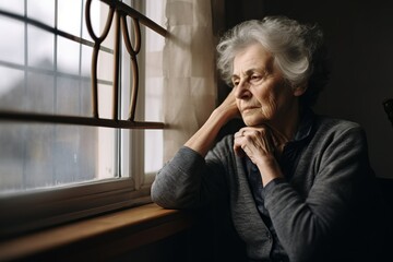 Mujer mayor en soledad mirando a través de una ventada.  - obrazy, fototapety, plakaty