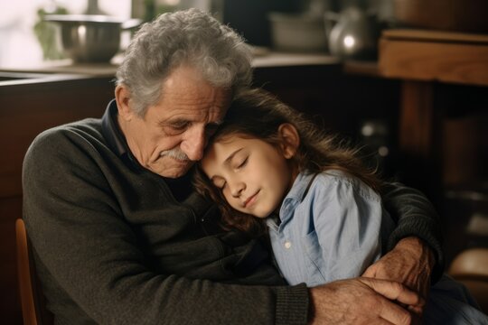 Abuelo abrazando a su nieta mientras la cuida y la protege. Amor. 