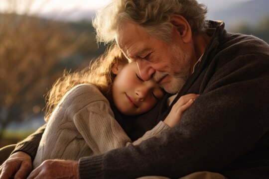 Abuelo abrazando a su nieta mientras la cuida y la protege. Amor. 