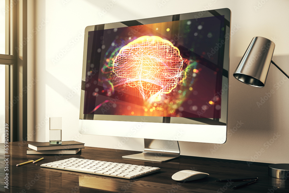 Poster modern computer display with creative human brain microcircuit. future technology and ai concept. 3d