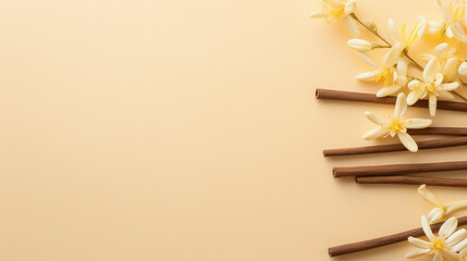 Top view of sticks and vanilla flowers on flat pastel beige background with copy space for text,...