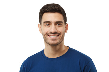 Close up portrait of smiling handsome guy in blue t-shirt