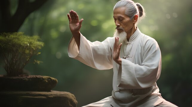 An older man, an Asian, is engaged in oriental gymnastics qigong or Tai chi chuan in the park.