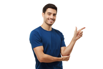 Handsome young man in blue t-shirt pointing right with his finger, showing direction