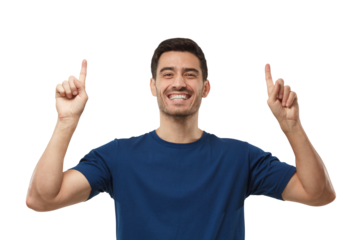 Smiling young man in blue t-shirt pointing up with both hands