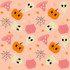 Cute Halloween pattern with smiling pumpkin, ghosts, witch hat, net, witch's cauldron in doodle style. Childish illustration for print, web, textile, poster, invitation.