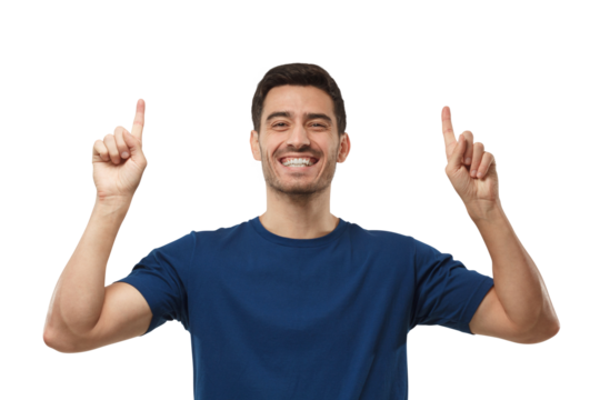 Smiling young man in blue t-shirt pointing up with both hands