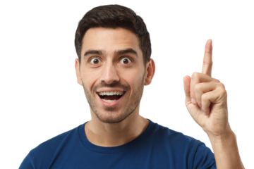 I have an idea! Handsome man pointing up, making gesture with index finger, insight concept