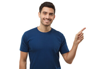 Handsome young man in blue t-shirt pointing right with his finger, showing direction