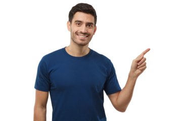 Handsome young man in blue t-shirt pointing right with his finger, showing direction