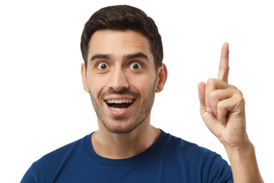 I have an idea! Handsome man pointing up, making gesture with index finger, insight concept